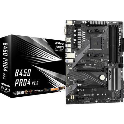 ASRock B450 PRO4 R2.0 Motherboard mit seiner Verpackung, die wichtige Funktionen wie mehrere Anschlüsse und einen AM4-Sockel hervorhebt.