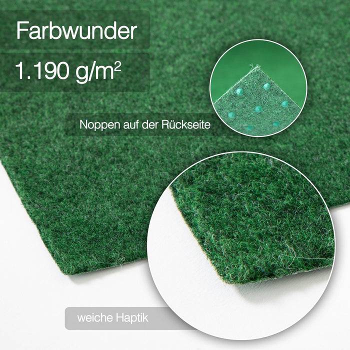 Grüner Stoff mit weißem Text, auf dem „Farbenwunder 1.190 g/m², Noppen auf der Rückseite, weiche Haptik