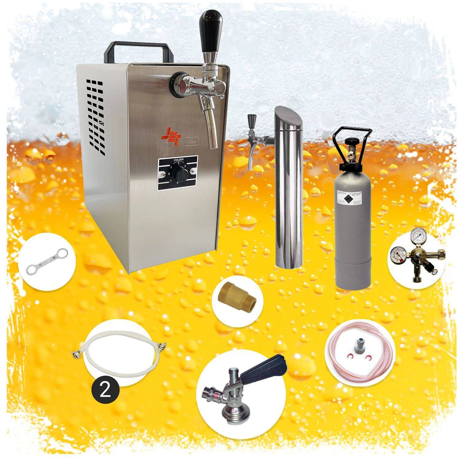 Ein Bierauschank-System mit einem Edelstahl-Zapfhahn, CO2-Tank und zugehörigem Zubehör auf orangefarbenem Bier-Hintergrund.