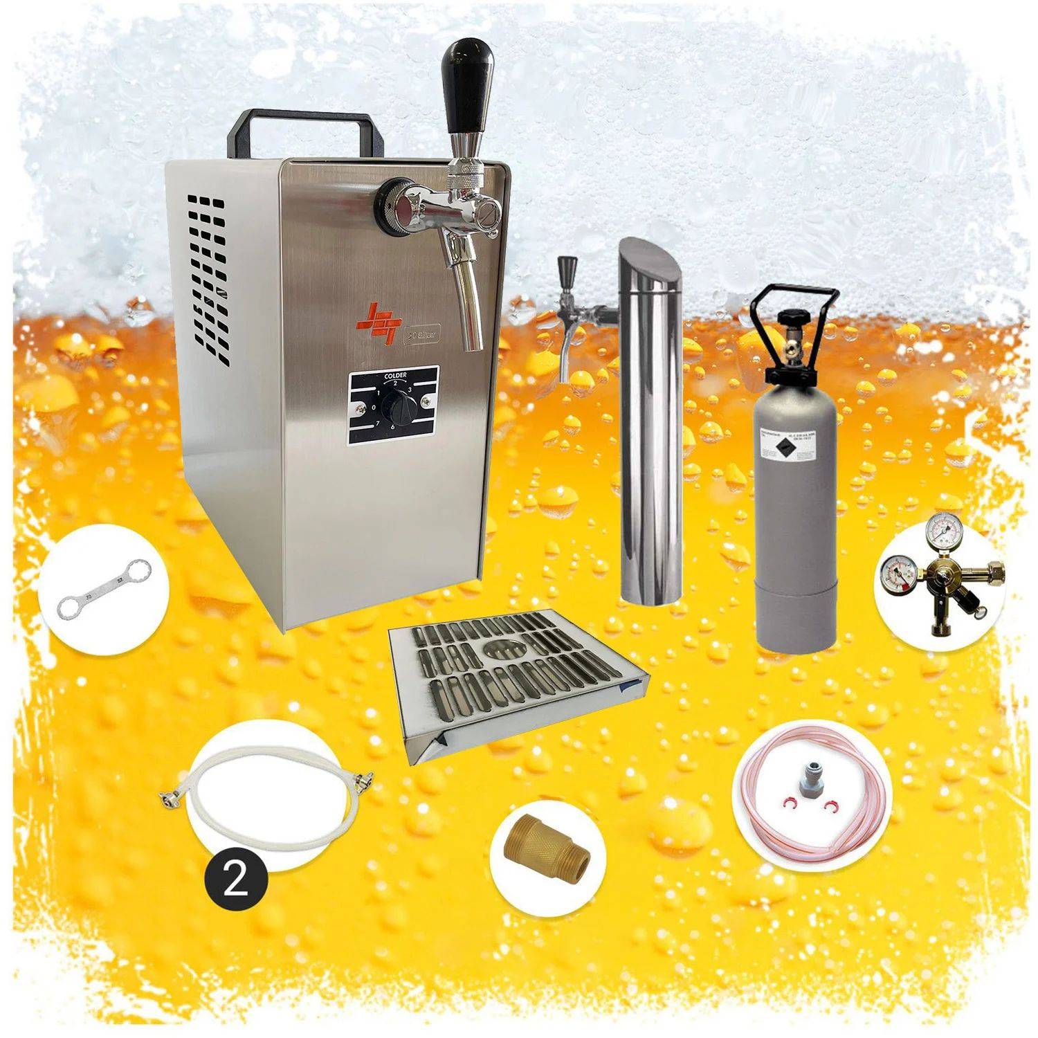 Getränkeausgabesystem mit Zapfhahn, CO2-Flasche, Manometer, Abtropfwanne und wichtigen Komponenten vor einem Bierhintergrund dargestellt.