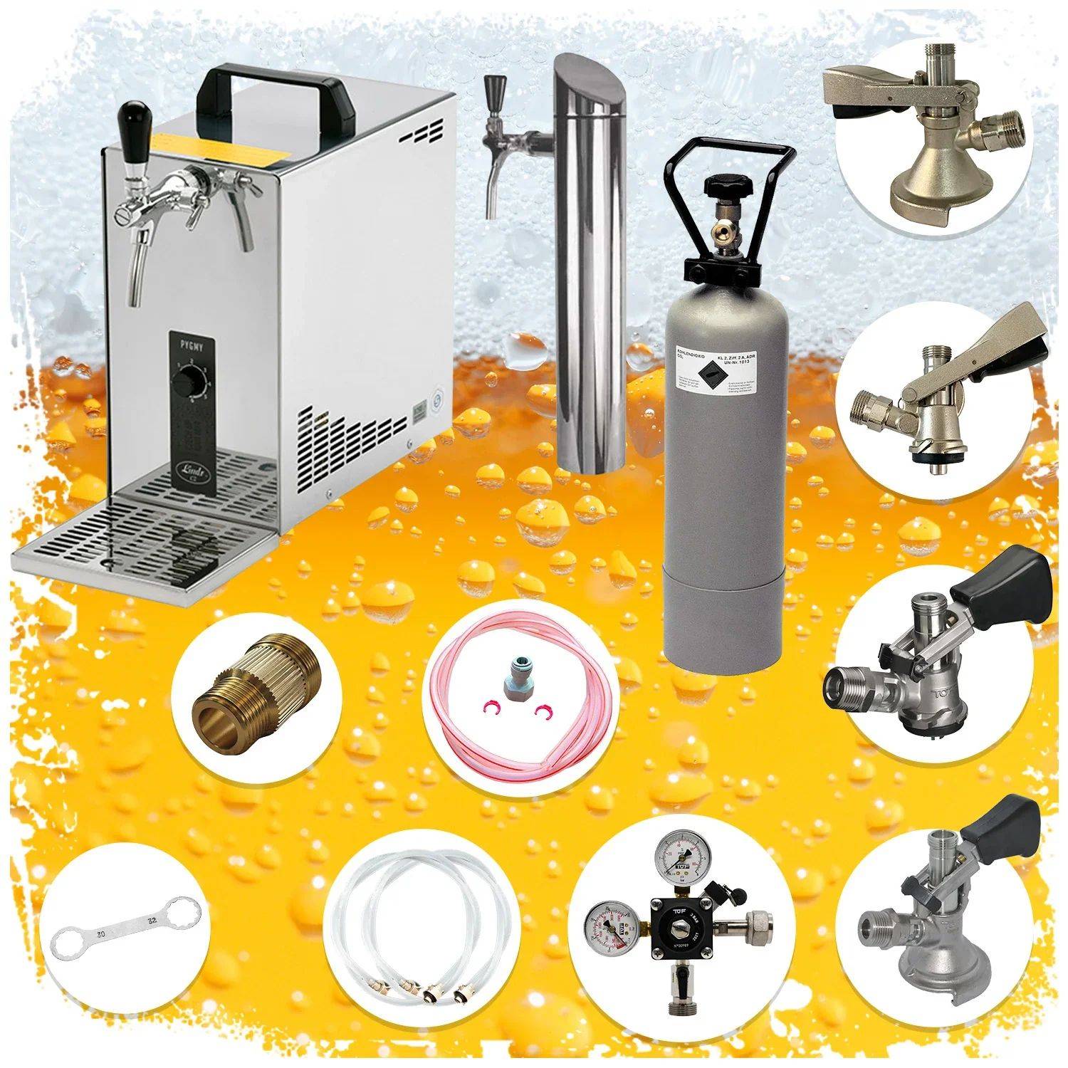 Abbildung zeigt verschiedene Bierausschankgeräte: ein Zapfsystem, CO2-Tank, Zapfhahn, Verbindungsstücke, Schläuche und Druckmesser vor einem Bierhintergrund.