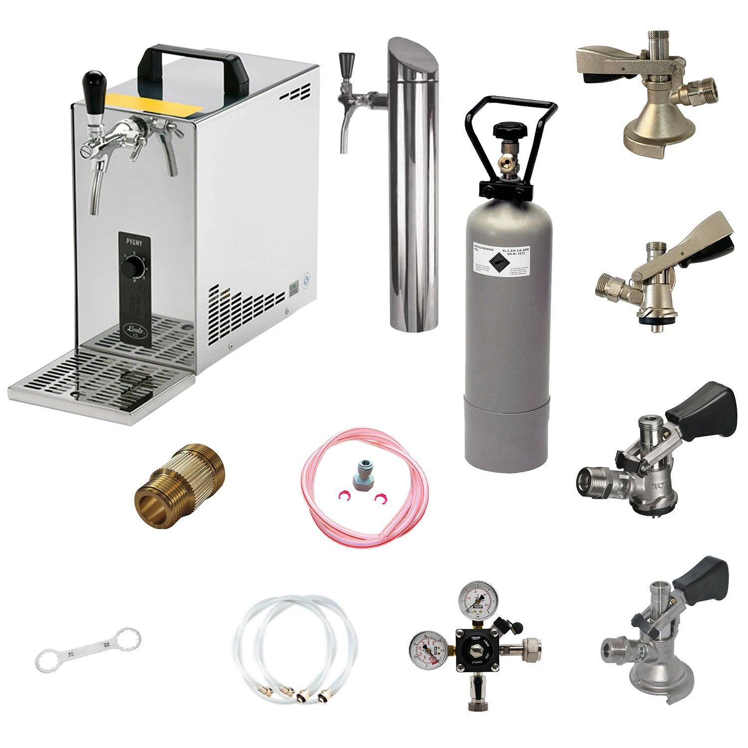 Ein Fassbier-Zapfanlage-Set mit Zapfturm, CO2-Flasche, Druckregler, Schläuchen, Schankhähnen und Armaturen für die Heimbrau-Ausstattung.