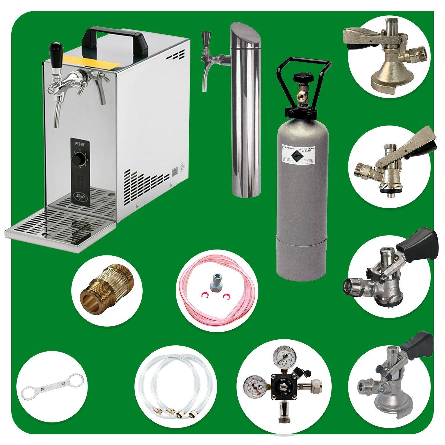 Bild, das verschiedene Bierausgabegeräte auf grünem Hintergrund zeigt, einschließlich eines Zapfturms, Fassverbinder, eines Zapfhahns, einer CO2-Flasche und Schläuche.