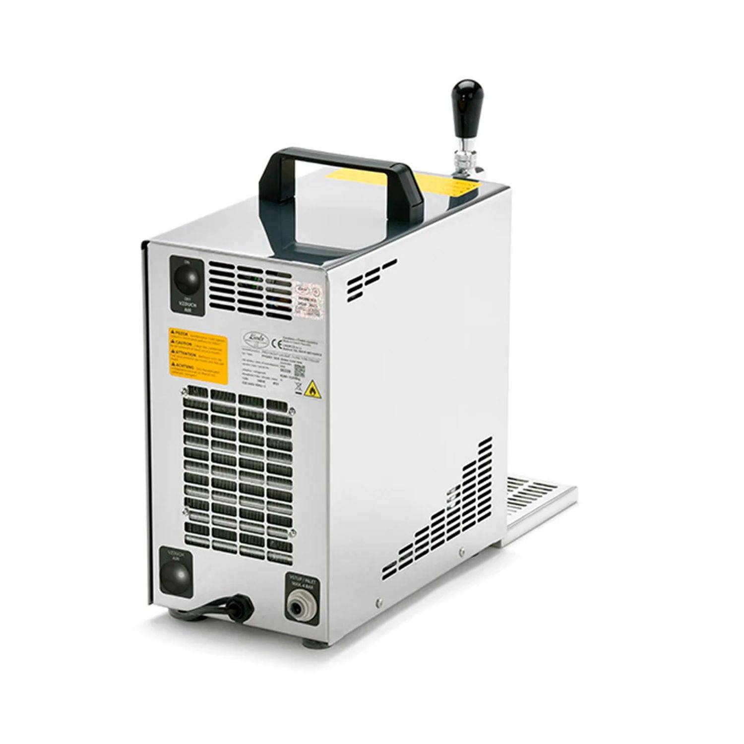 Kompakte grau-schwarze Industriemaschine mit Griff und Kontrolllehel oben, mit Lüftungsöffnungen und Warnkennzeichnungen auf der Seite.