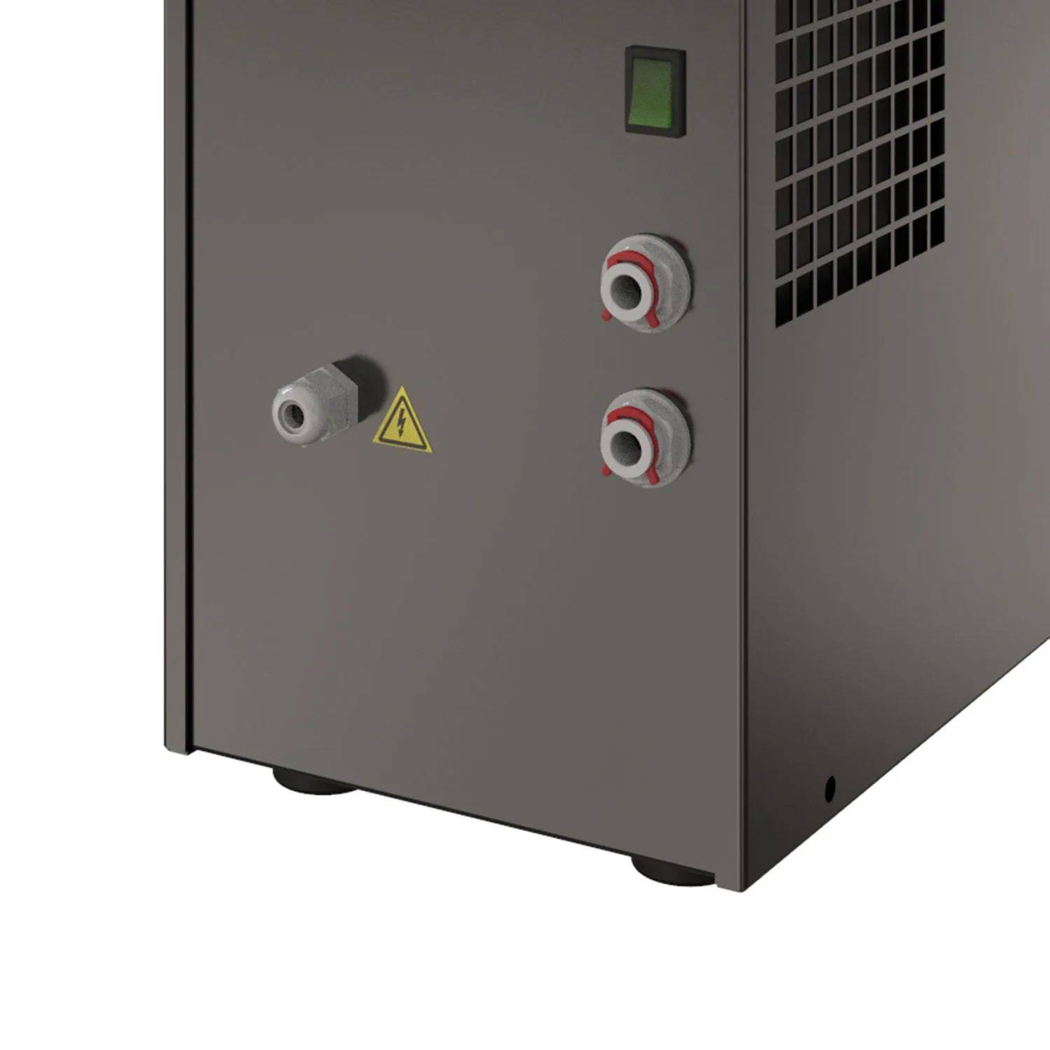 Industrielle Maschine mit Bedienfeld, Anzeigelampe und Sicherheitswarnschild an der Seite, möglicherweise für Verarbeitung oder Herstellung verwendet.