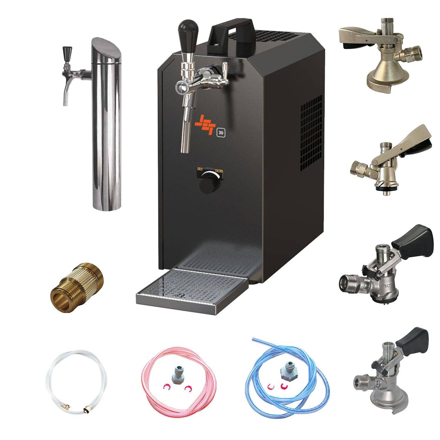 Ein Bierausschankgerät mit einem Edelstahlhahn, verschiedenen Anschlüssen und Schläuchen, alle notwendigen Teile für eine komplette Ausstattung.