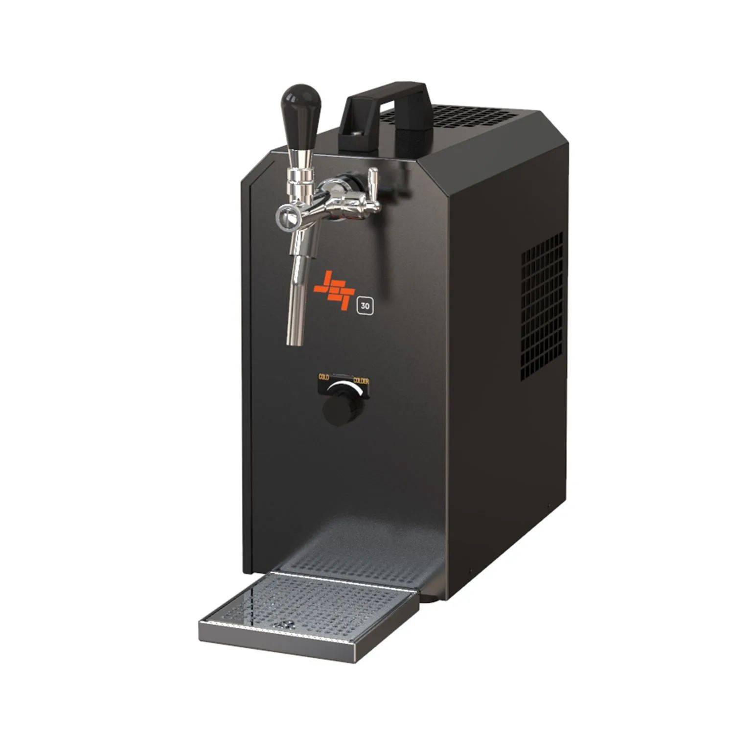 Ein schwarzer Getränkespender mit einem Zapfhahn oben und einer Auffangschale.