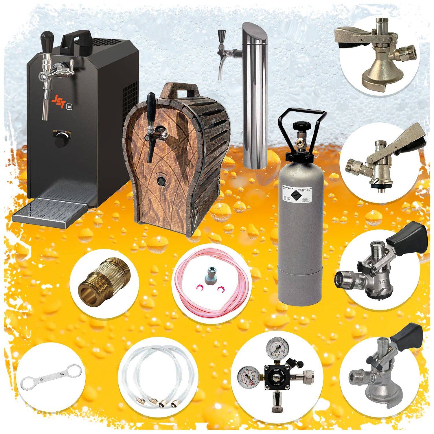 Eine Collage von Getränkeausgabegeräten, einschließlich Zapfhähne, Fässer, Anschlüsse, Manometer und Gasflaschen, auf einem Bierhintergrund angezeigt.