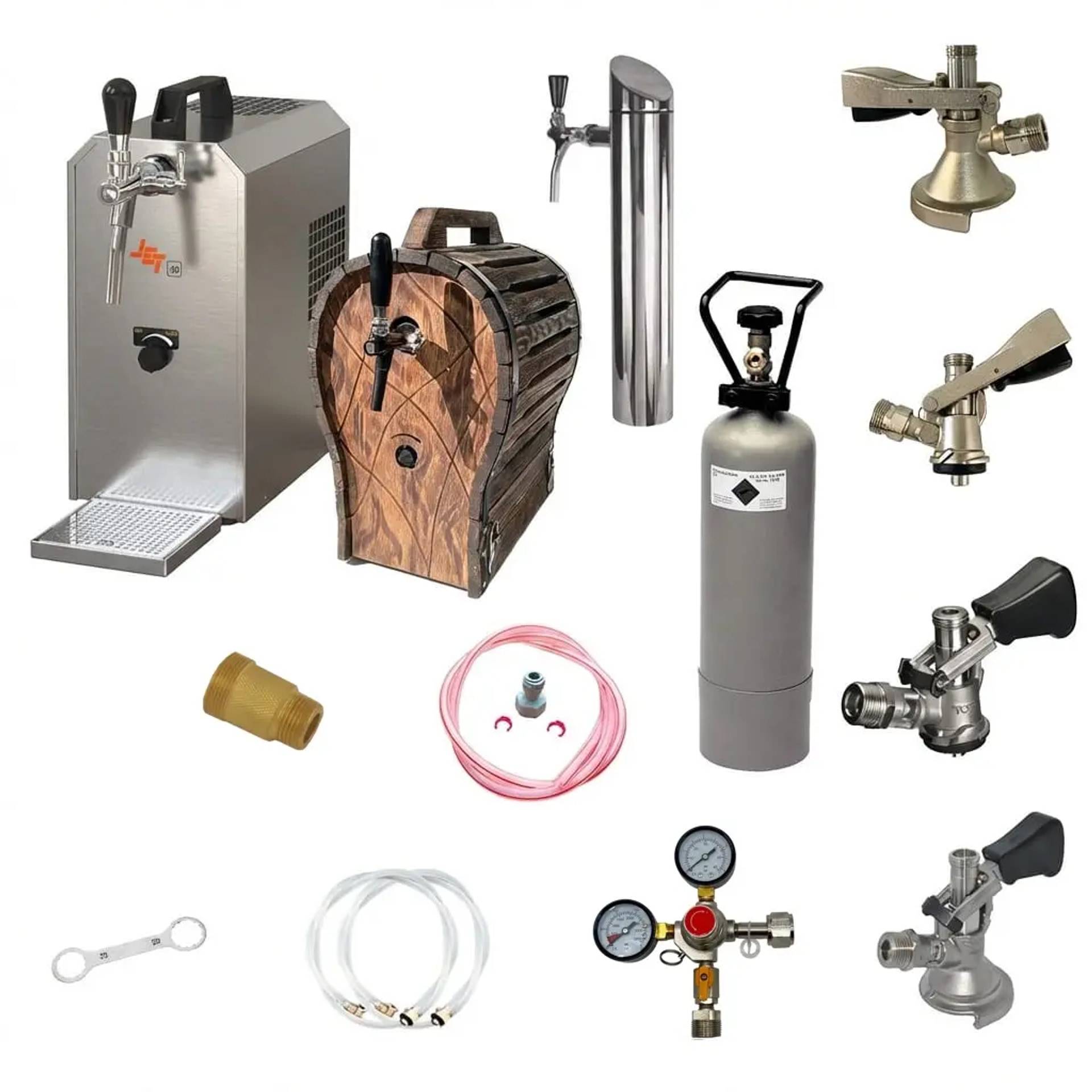 JET 30 Zapfanlage Komplettset mit CO2-Flasche Holzfass und Schanksäule – Set mit allen Zapfköpfen