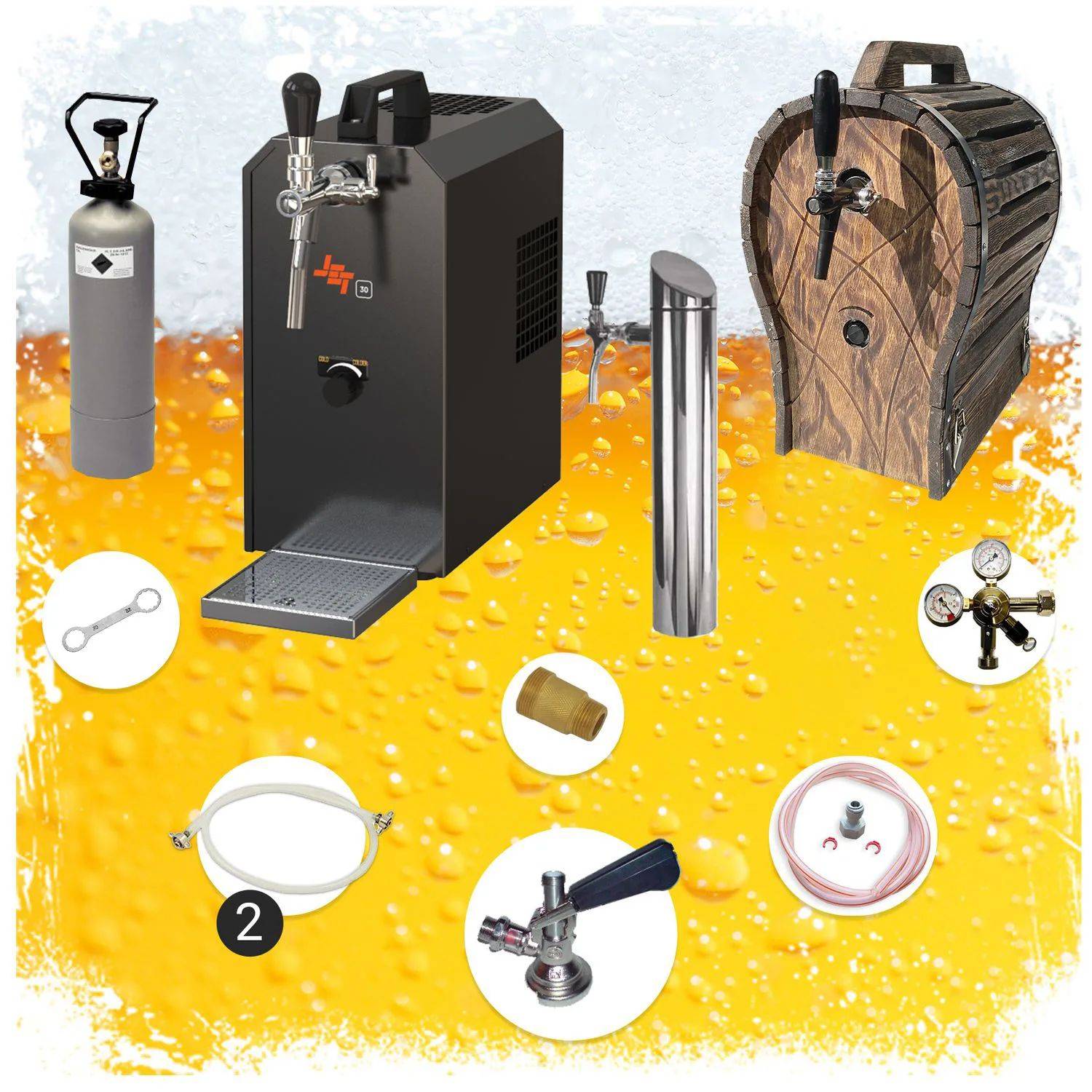 Bier-Zapfanlage mit verschiedenen Ausrüstungen: CO2-Flasche, Zapfgeräte, Verbindungsstücke, Druckmanometer und Hahn. Vor einem Bier-Hintergrund angebracht.