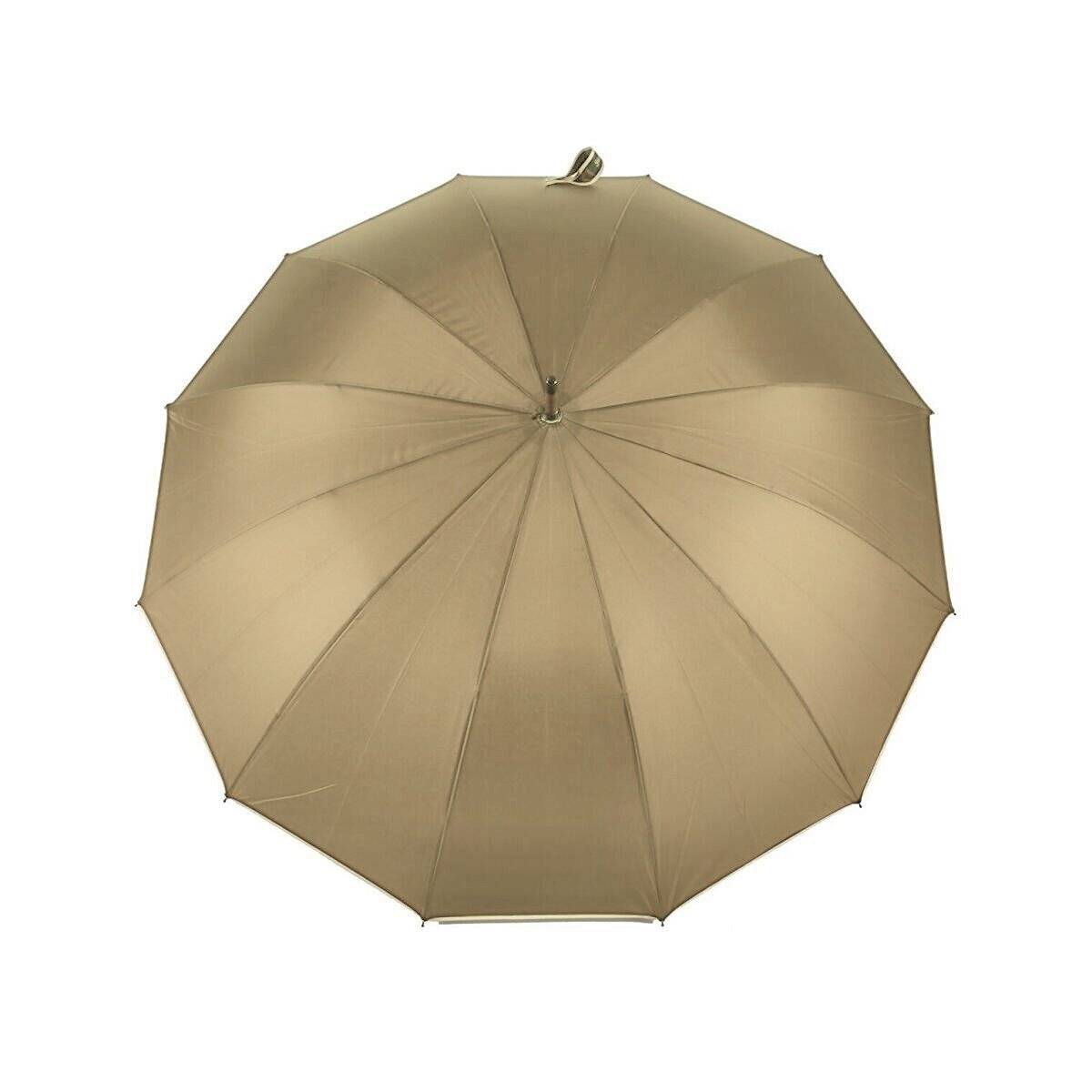 Ein beigefarbener Regenschirm vollständig geöffnet, von oben betrachtet, zeigt seine Stoffpaneele und die zentrale Stange.