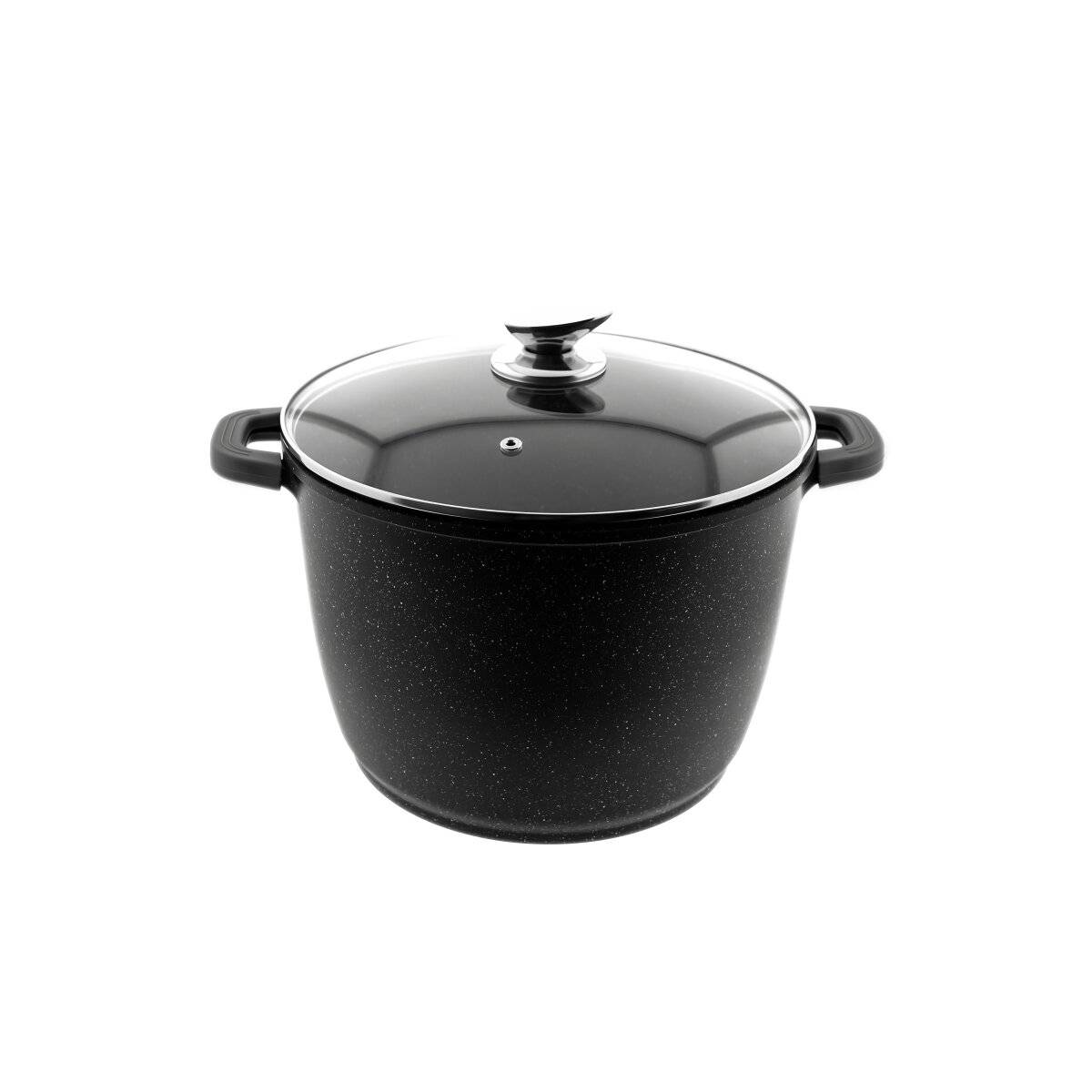 Ein großer schwarzer Kochtopf mit Glasdeckel und zwei Seitengriffen, geeignet für Suppen oder Eintöpfe.