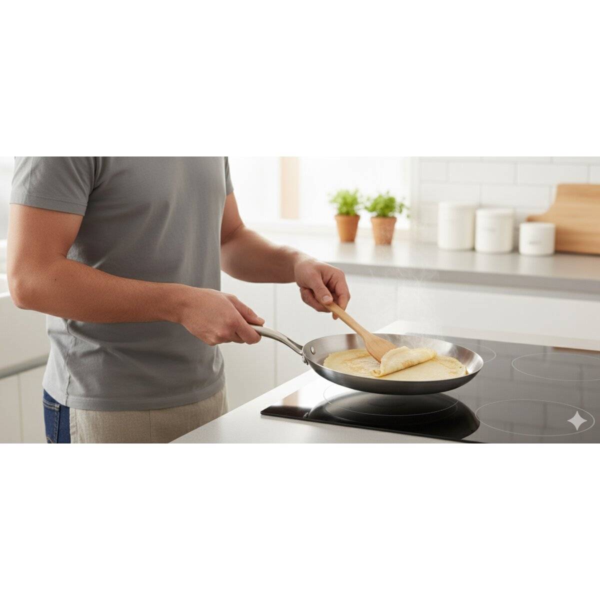 Eine Person kocht Crêpes auf einem Kochfeld in einer modernen Küche und verwendet einen Holzspatel, um sie zu wenden.