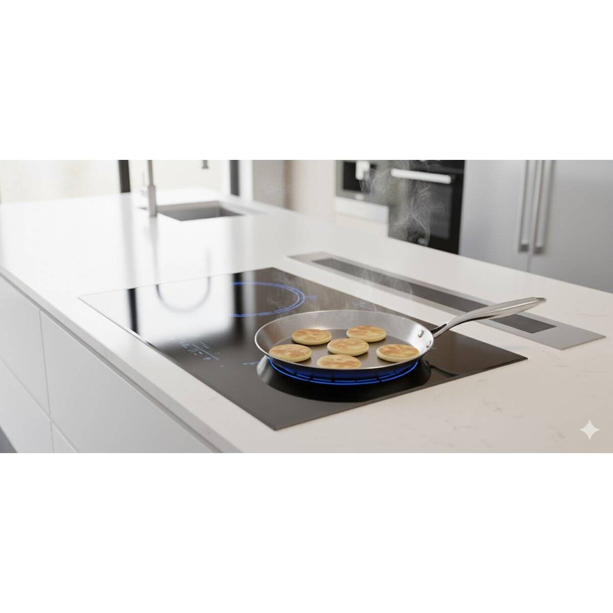 Eine elegante Küche mit einem modernen Induktionskochfeld, auf dem eine Pfanne runde Lebensmittelstücke kocht, wahrscheinlich Pfannkuchen oder Knödel.