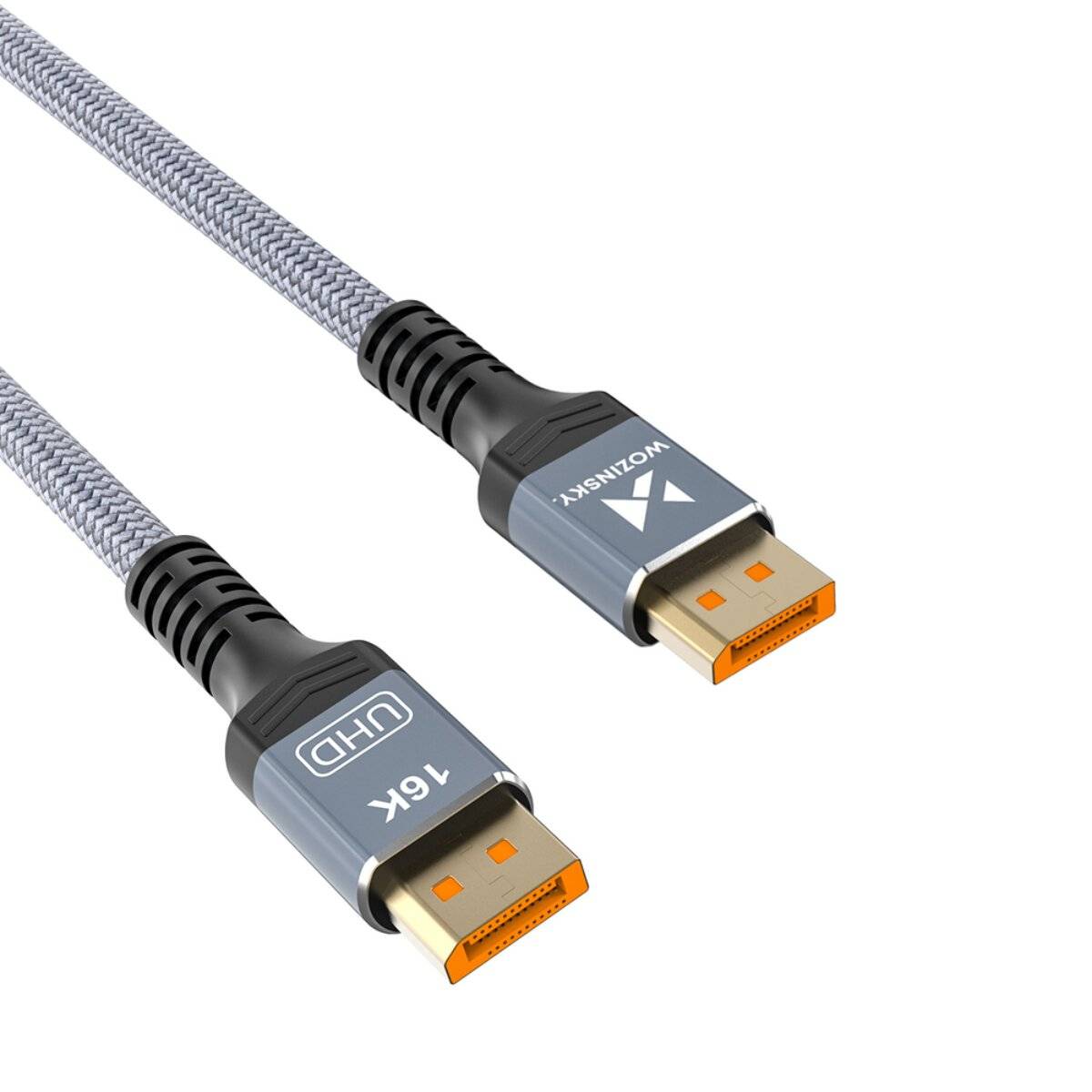 Zwei graue geflochtene DisplayPort-Kabel mit schwarzen Steckern, mit den Aufschriften „4K