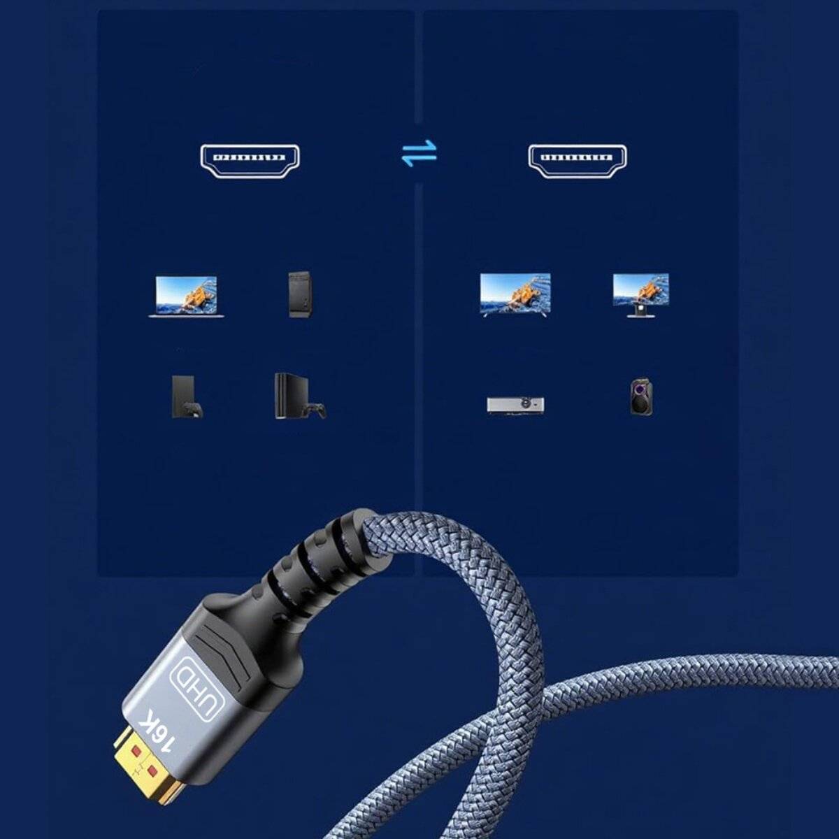 Vergleich von HDMI-Kabel mit USB-C-Kabel für die Bildschirmkonnektivität: Eine Seite zeigt ein USB-C-Kabel, das mit verschiedenen Geräten verbunden ist, die andere Seite zeigt ein HDMI-Kabel. Ein HDMI-Kabel ist im Vordergrund prominent dargestellt.