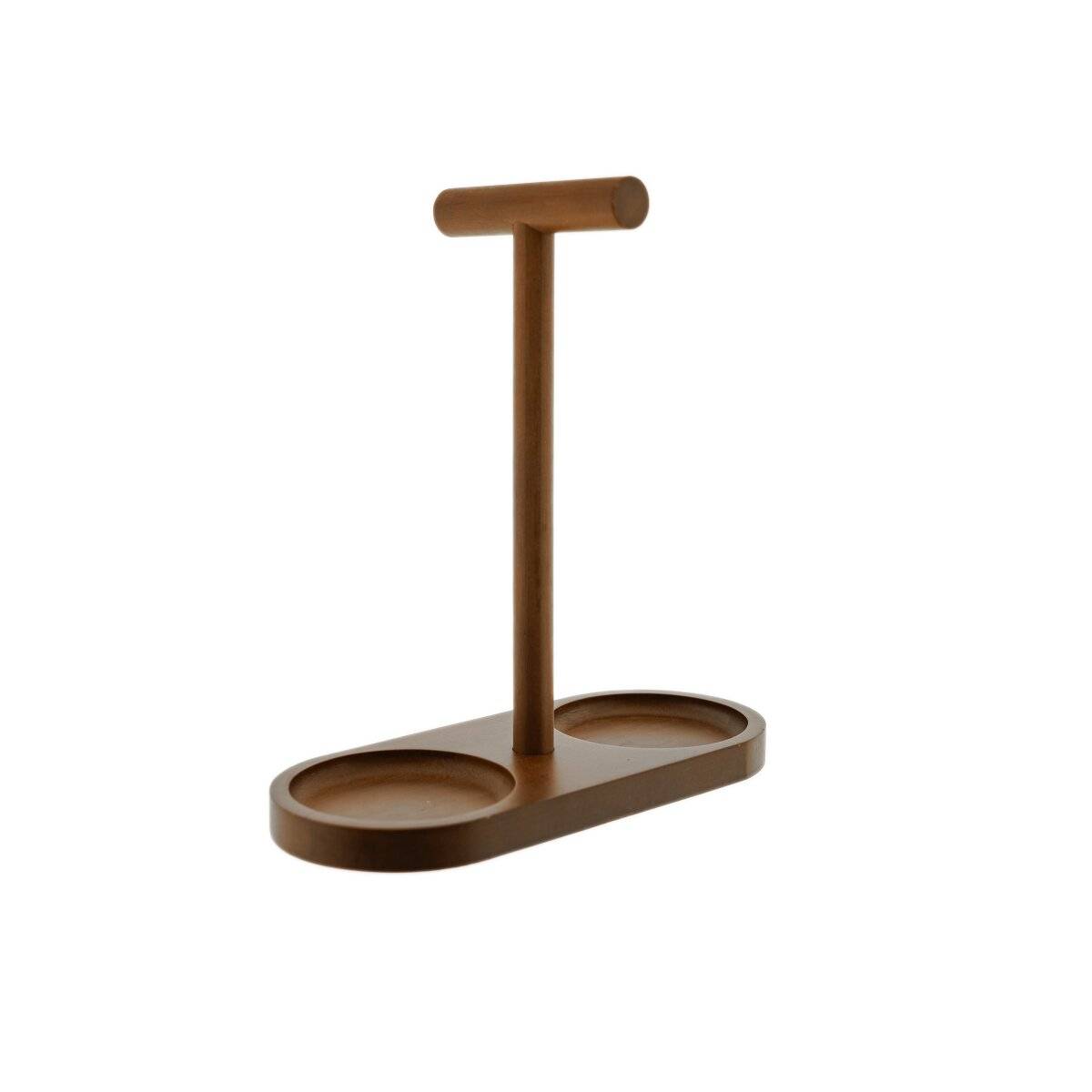 „Holzständer mit T-förmigem Griff und zwei kreisförmigen Tabletts zum Aufbewahren von Gegenständen, vor weißem Hintergrund abgebildet.