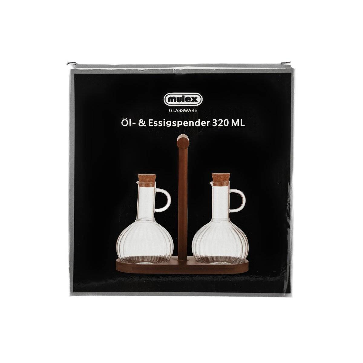 Zwei Glasöl- und Essigspender mit Holzstoppeln und Griffen, ausgestellt auf einem Holztablett. Der Text auf dem Bild lautet „Öl- & Essigspender 320 ML
