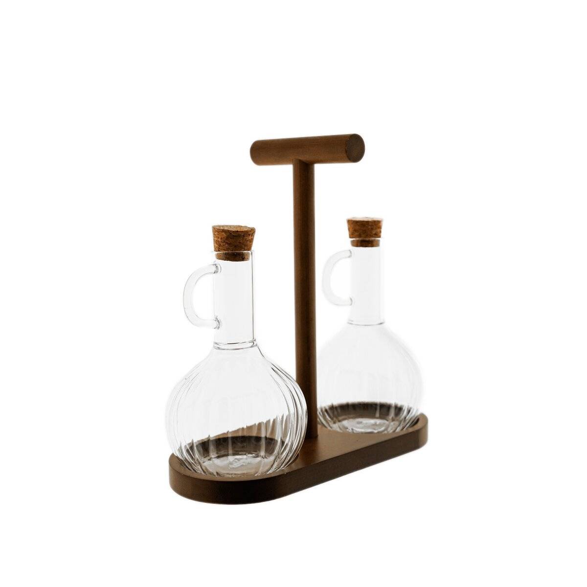 Elegantes Öl- & Essigspender Set mit Holzständer - 320 ml in Relief-Design