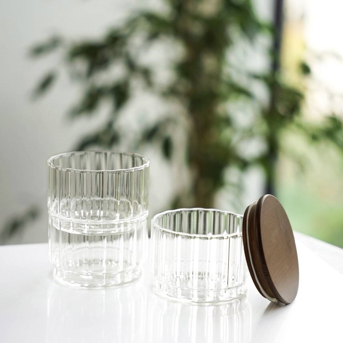 Aufbewahrungsbehälter aus Glas mit Holzdeckel, 3-teilig - stapelbar