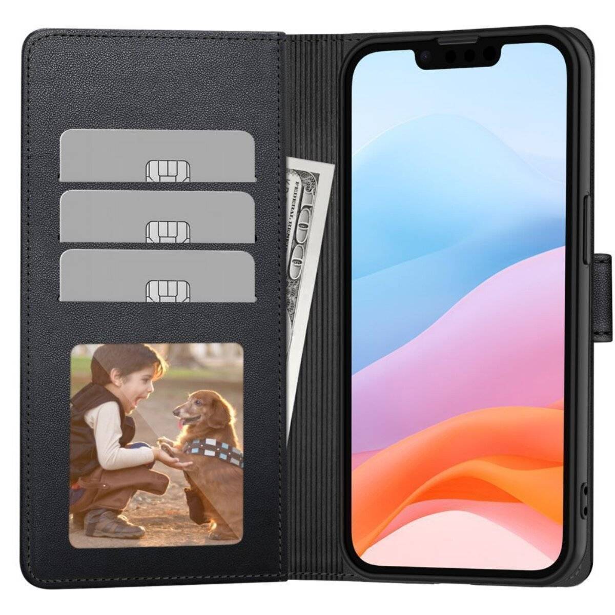 Ein Smartphone-Etui mit Kartensteckplätzen, ein Foto eines Kindes und eines Hundes sowie eine Bargeldaufbewahrung neben einem Telefon mit buntem Gradient-Display.