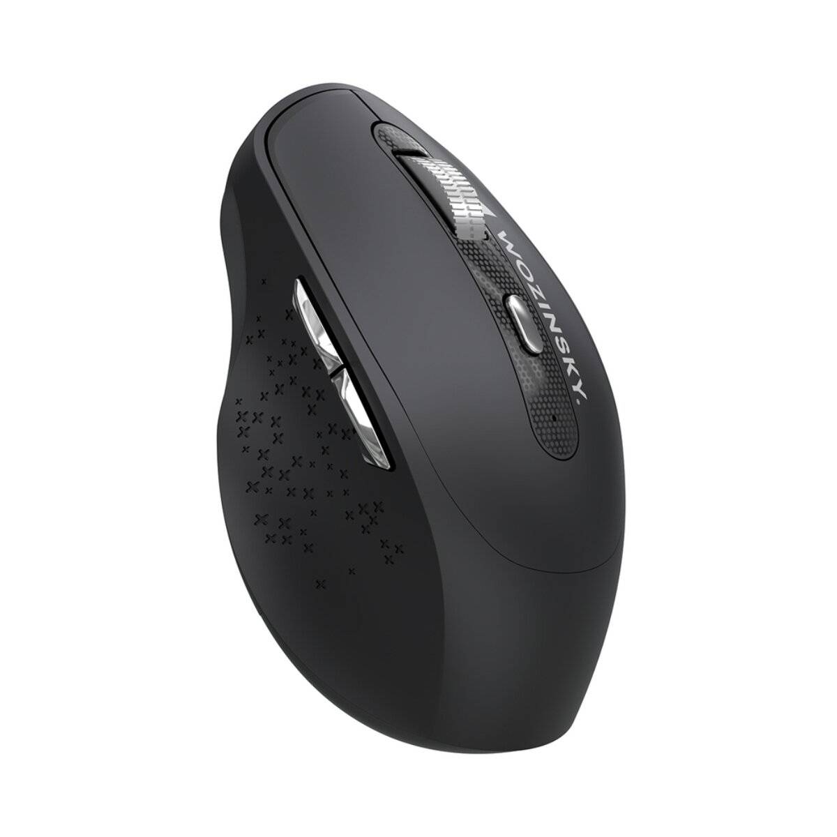 Eine schwarze kabellose Computermaus mit ergonomischem Design, ausgestattet mit zwei Seitentasten und Scrollrad, mit der Marke „Microsoft