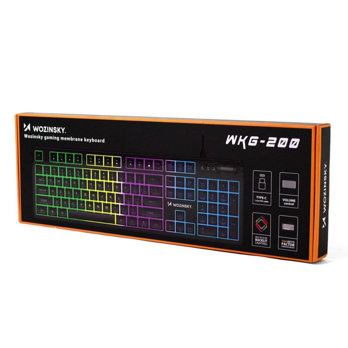 Wozinsky WKG-200 Gaming-Membran-Tastatur' Box mit farbenfroher LED-Hintergrundbeleuchtung und Funktionen: Lautstärkeregelung, Medientasten, USB-C, Plug & Play.