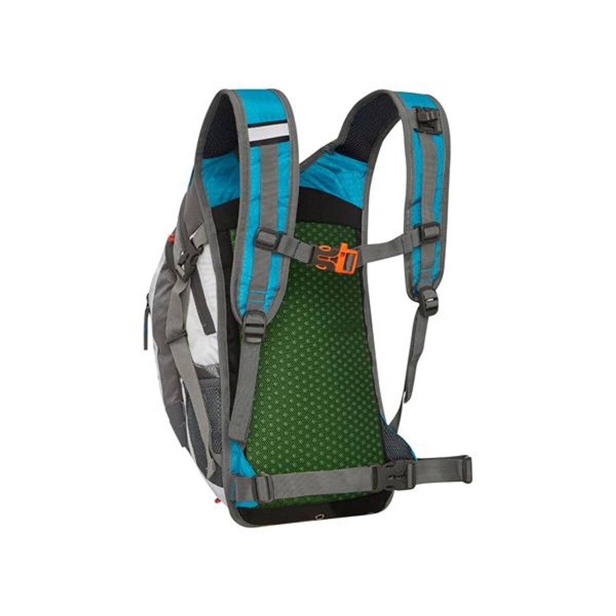 Ein blau und grau gemusterter Wanderrucksack mit gepolsterten Schultergurten und einem belüfteten Mesh-Rückenpanel, entworfen für die Outdoor-Nutzung.