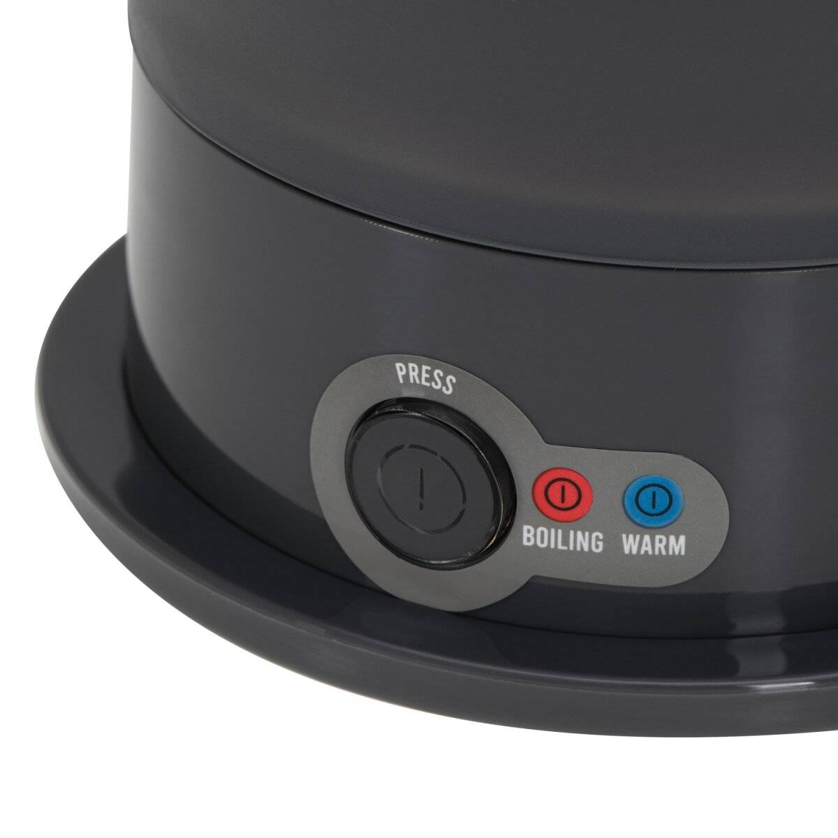 Eine Seitenansicht einer grauen Wasserkocher-Basis mit einem schwarzen 