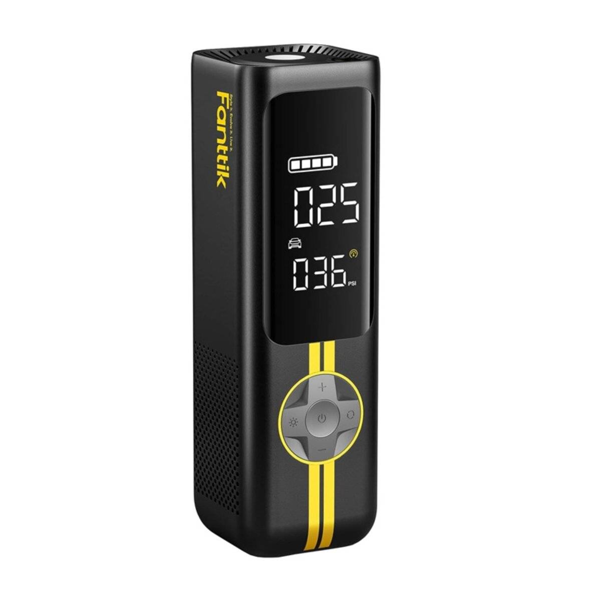 Ein digitales Reifenaufpumpgerät mit Display, das Druck- und Batterieladungsstände anzeigt, mit Bedientasten und der Marke „Fanttik