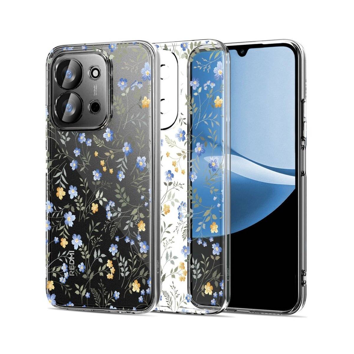 Drei Smartphones mit Blumenhüllen. Das linke Telefon zeigt einen schwarzen Hintergrund mit blauen und gelben Blumen; das mittlere Telefon hat einen weißen Hintergrund mit ähnlichen Blumenmotiven; das rechte Telefon zeigt seinen Bildschirm.