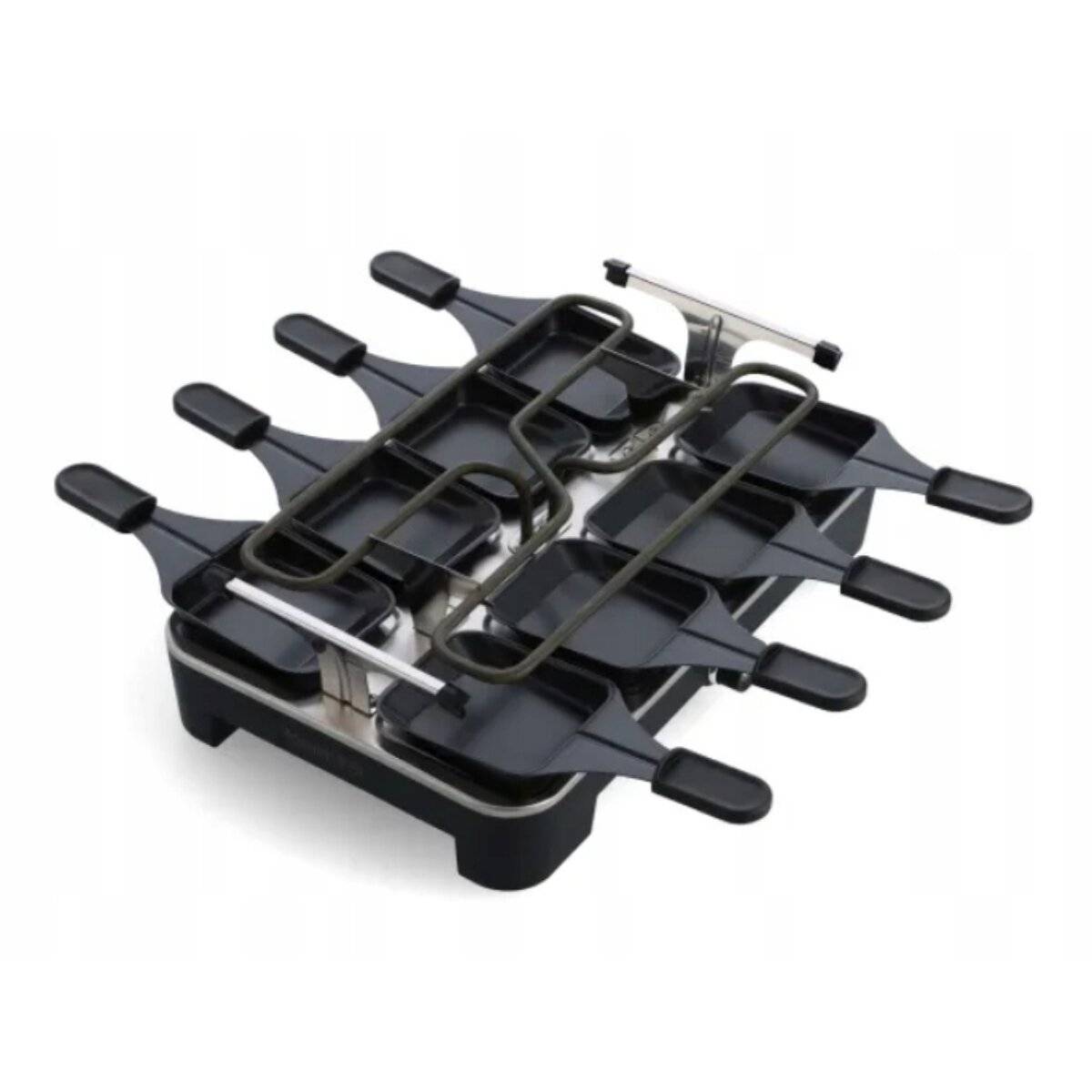 Raclette-Grill für vier Personen mit acht einzelnen Pfannen und Antihaftbeschichtung, entwickelt für gemeinschaftliches Kochen und Essen.