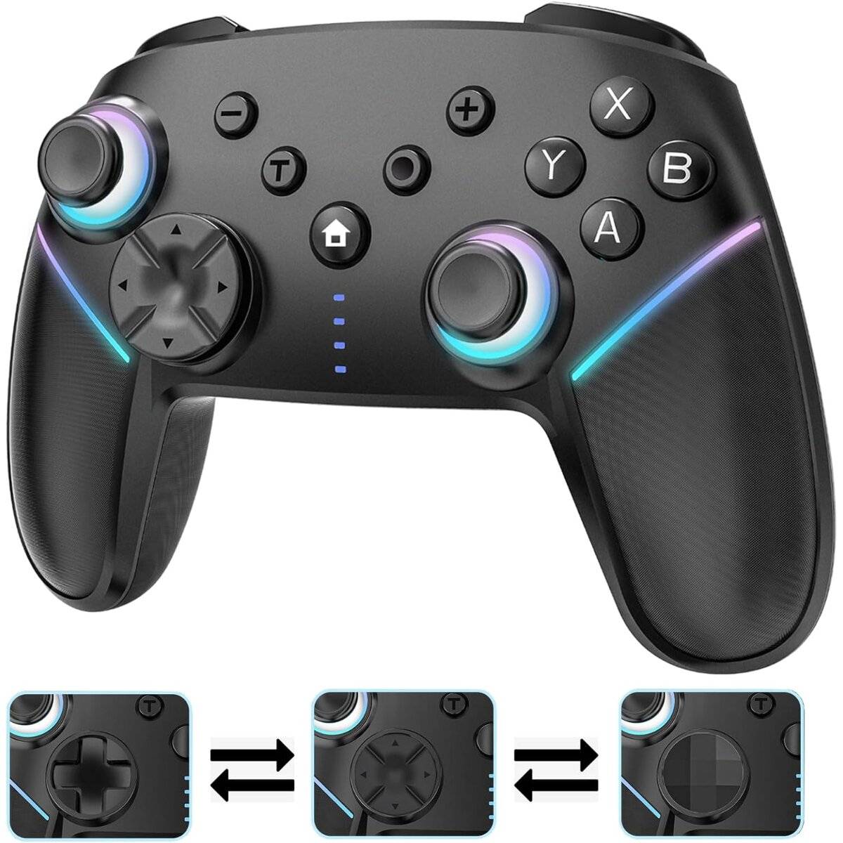 Ein schwarzer Gaming-Controller mit farbiger Hintergrundbeleuchtung, bestehend aus einem D-Pad, zwei Joysticks und mehreren Tasten. Drei kleinere Bilder zeigen Nahaufnahmen der Tasten und des Steuerkreuzes.