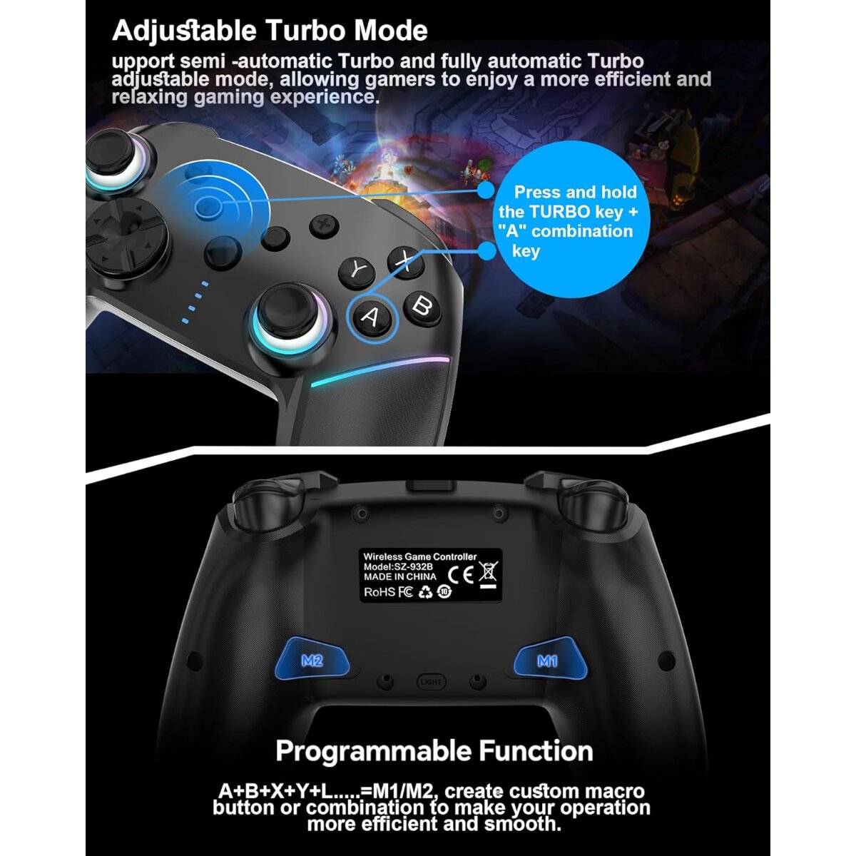 Gamecontroller mit einstellbarem Turbo-Modus und programmierbaren Funktionen. Das obere Bild zeigt Tasten; unten werden die Verwendung von „Turbo