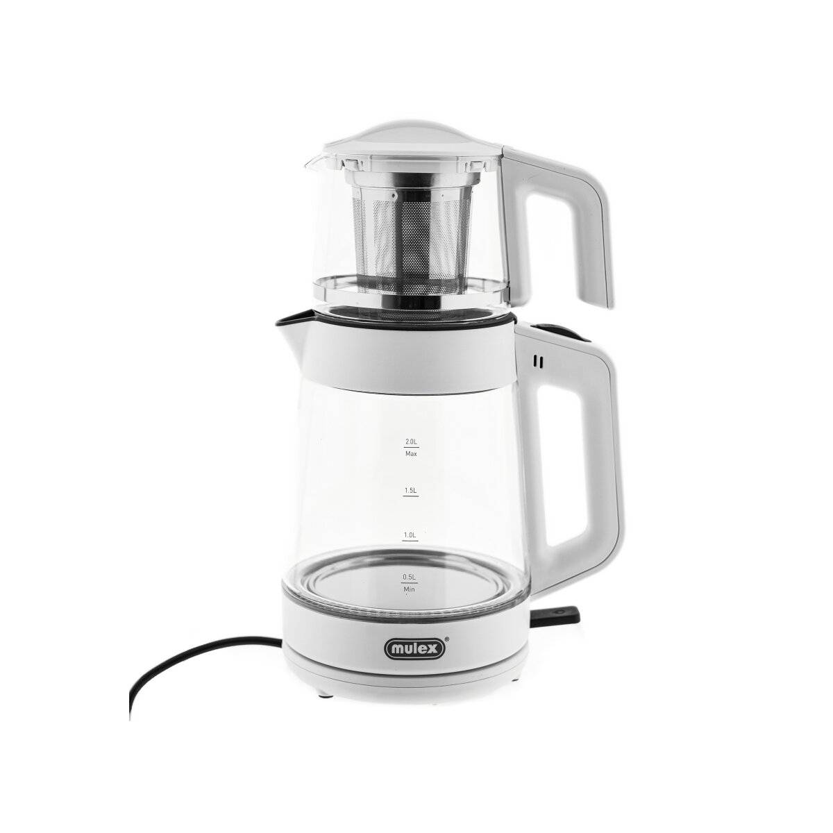 Ein durchsichtiger elektrischer Wasserkocher mit einem Filtersiebteil oben, entworfen zum Teebrühen, mit einem weißen Griff und einer Ausgießtülle.