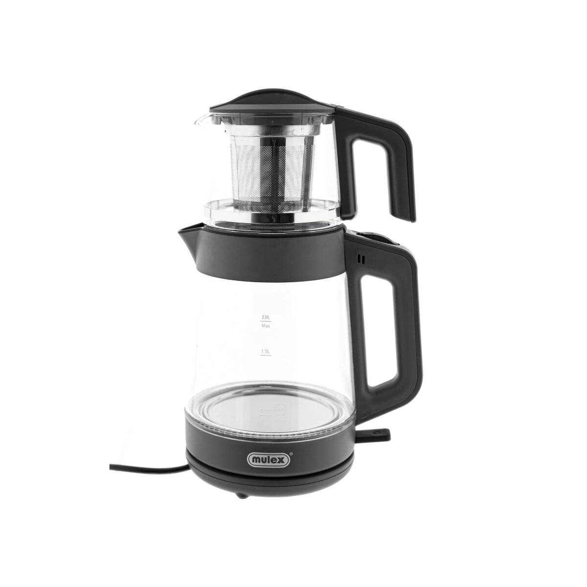 Dies ist ein elektrischer Glaskrug mit schwarzem Griff und Sockel. Er hat ein Edelstahl-Sieb im Inneren und eignet sich zum Aufbrühen von Tee.