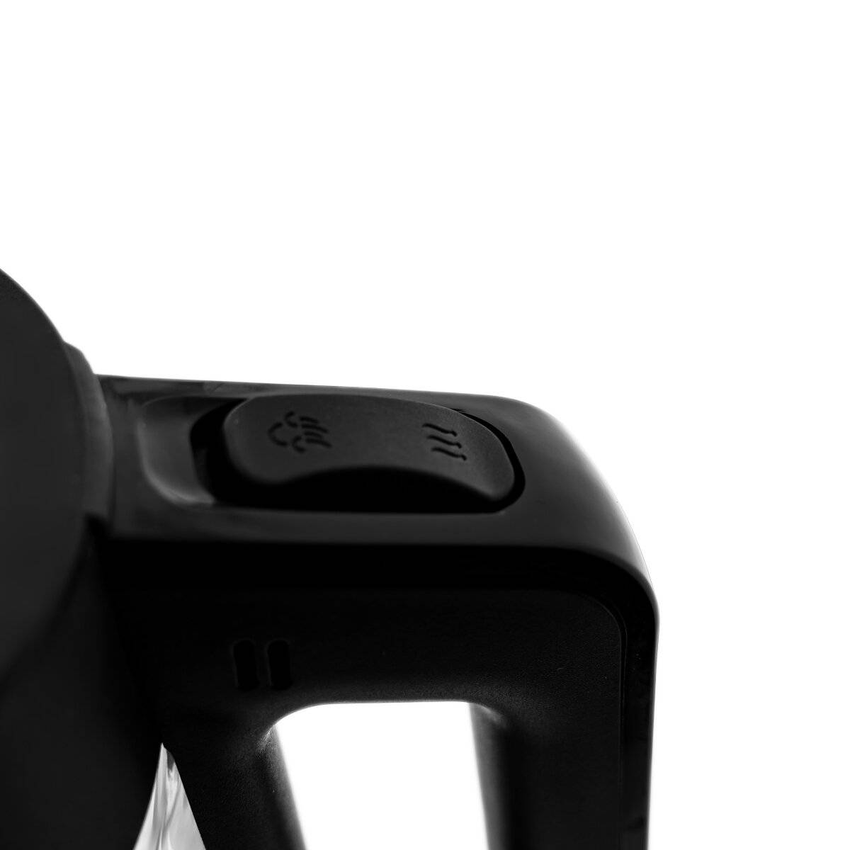 Schwarzer Kunststoffgriff mit sichtbarem Schalter für heiße und kalte Einstellungen.