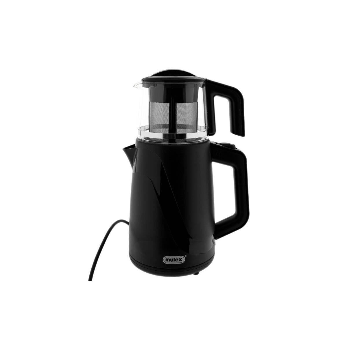 Ein schwarzer Elektrokessel mit transparentem Infuser oben, mit Griff und kurzem Stromkabel.