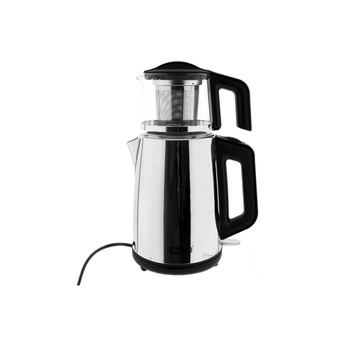 Ein Edelstahl-Wasserkocher mit schwarzem Griff und transparentem Tee-Infuser oben. Das Stromkabel ist sichtbar.