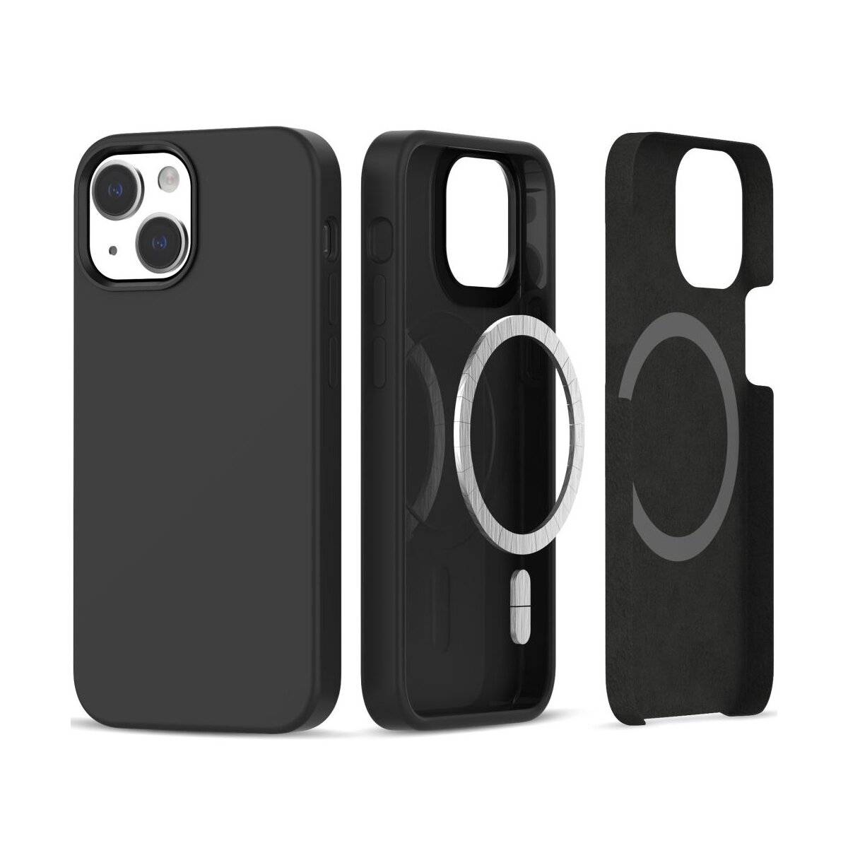 Schwarze Handyhülle mit abnehmbarem Magnetring und Griffschlaufe, aus verschiedenen Winkeln fotografiert, um Design und Funktionalität zu zeigen.