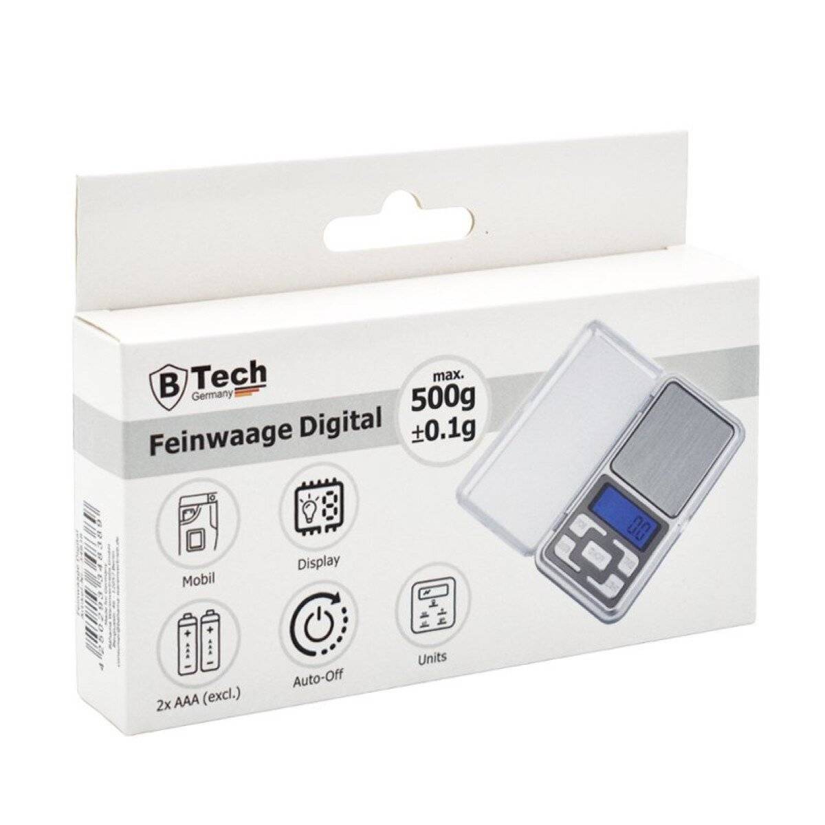Digitale Waage mit folgenden Produktmerkmalen: maximale Kapazität von 500g mit einer Genauigkeit von ±0,1g, tragbar, digitales Display, 2x AAA-Batterien erforderlich, automatische Abschaltung und Einheitenverstellung.
