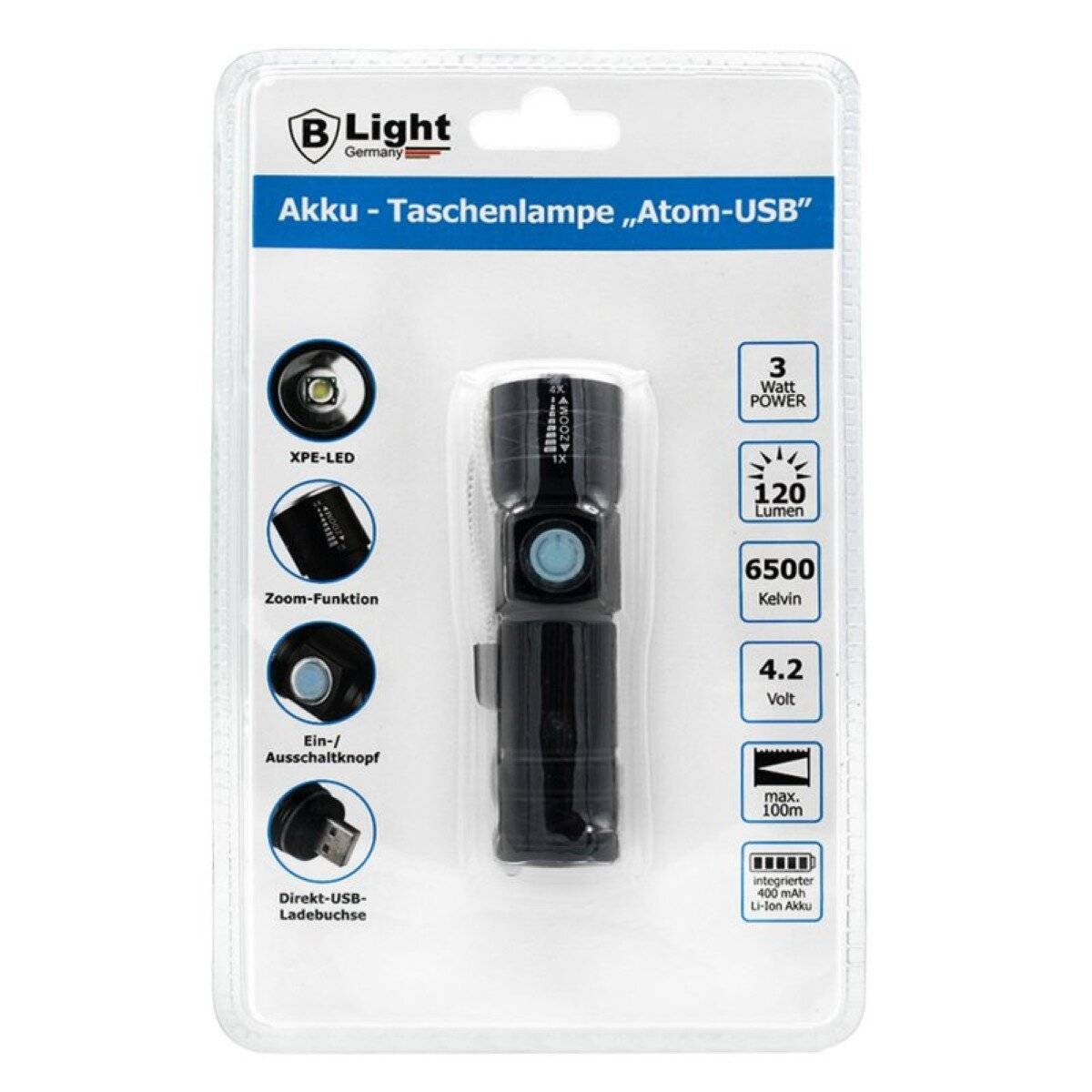 Akku-LED-Handlampe mit XPE-LED 400 mAh - 3 modi, 120 Lumen, 6500 K, Schwarz