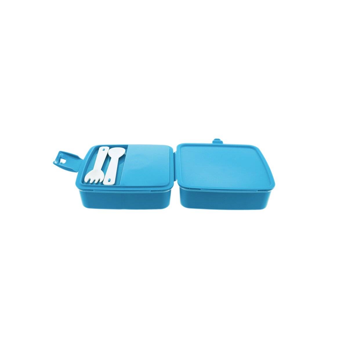 Ein blauer Lunchbox-Set, offen, um ein unterteiltes Fach auf der linken Seite mit einer weißen Gabel und einem Löffel darin zu zeigen.