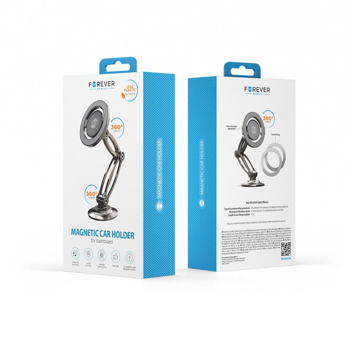 „Verpackte magnetische Handyhalterung für das Armaturenbrett, zeigt Vorder- und Rückseiten. Mit 360-Grad-Drehung, enthält Halterung und Ring.