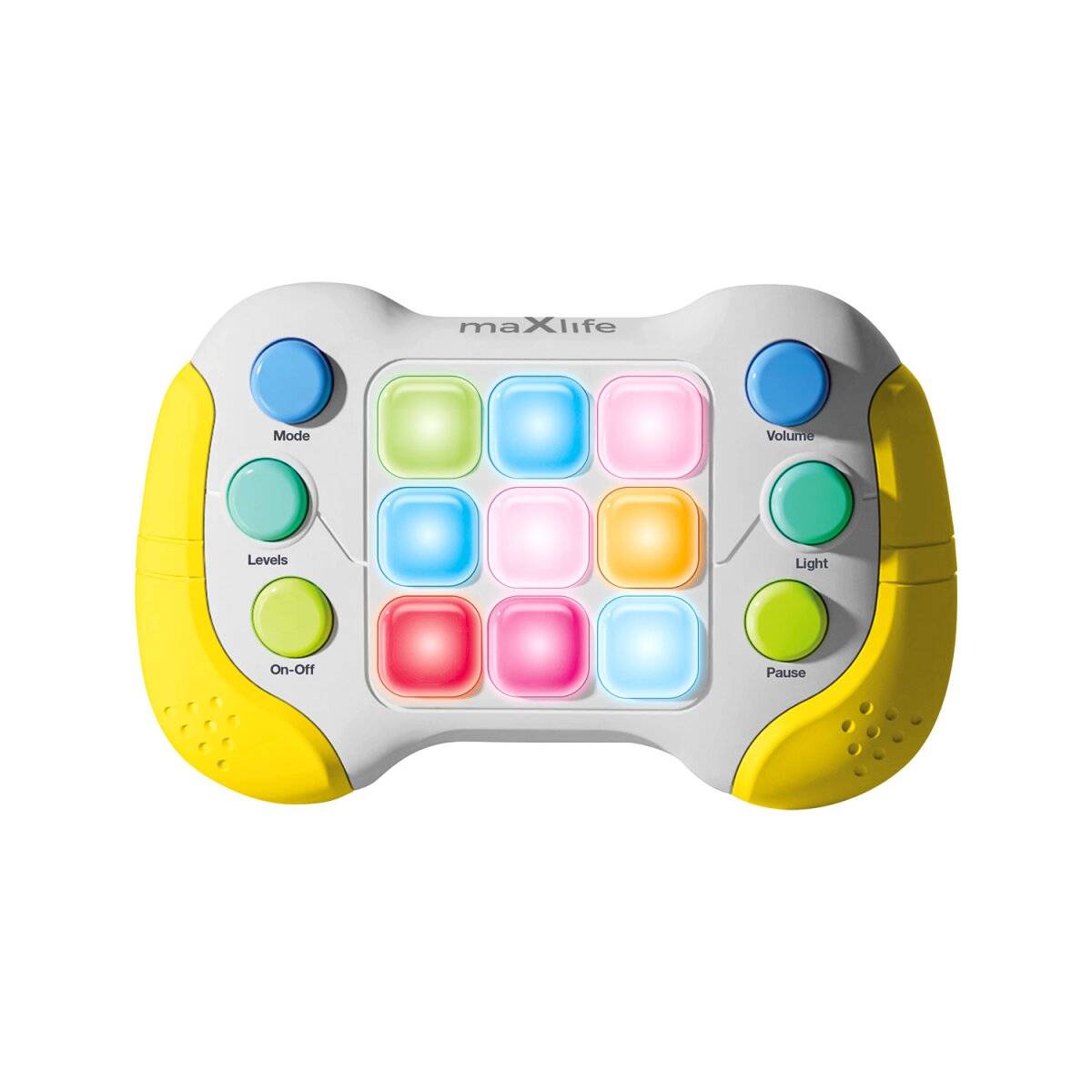 Ein Spielzeug-Gamecontroller mit bunten Tasten und abgerundeten Kanten. Er hat folgende Funktionen mit Beschriftungen: Modus, Lautstärke, Level, Licht, Pause, Ein-Aus.