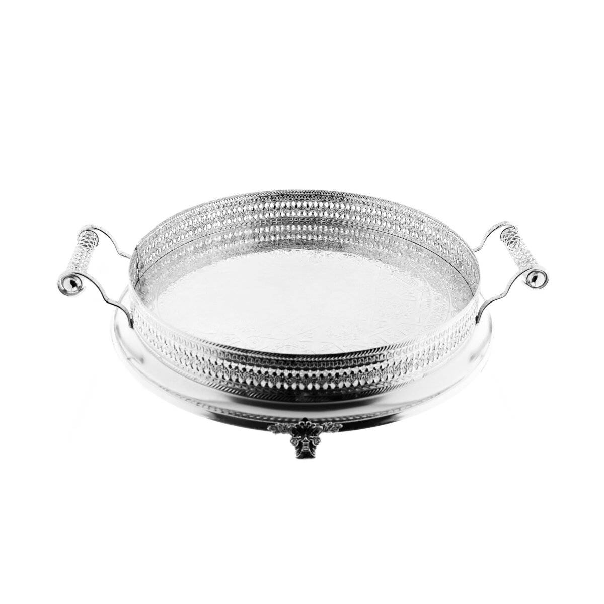 Serviertablett Silber 45 cm - Rund mit Griffen & Ornamentrand Silber