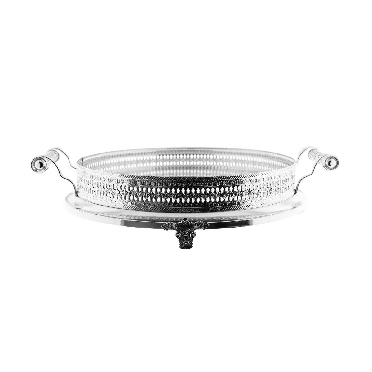 Serviertablett Silber 45 cm - Rund mit Griffen & Ornamentrand Silber