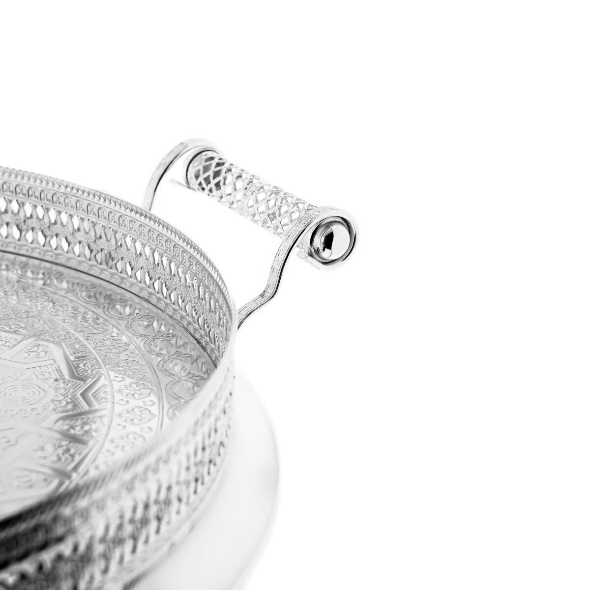 Serviertablett Silber 45 cm - Rund mit Griffen & Ornamentrand Silber