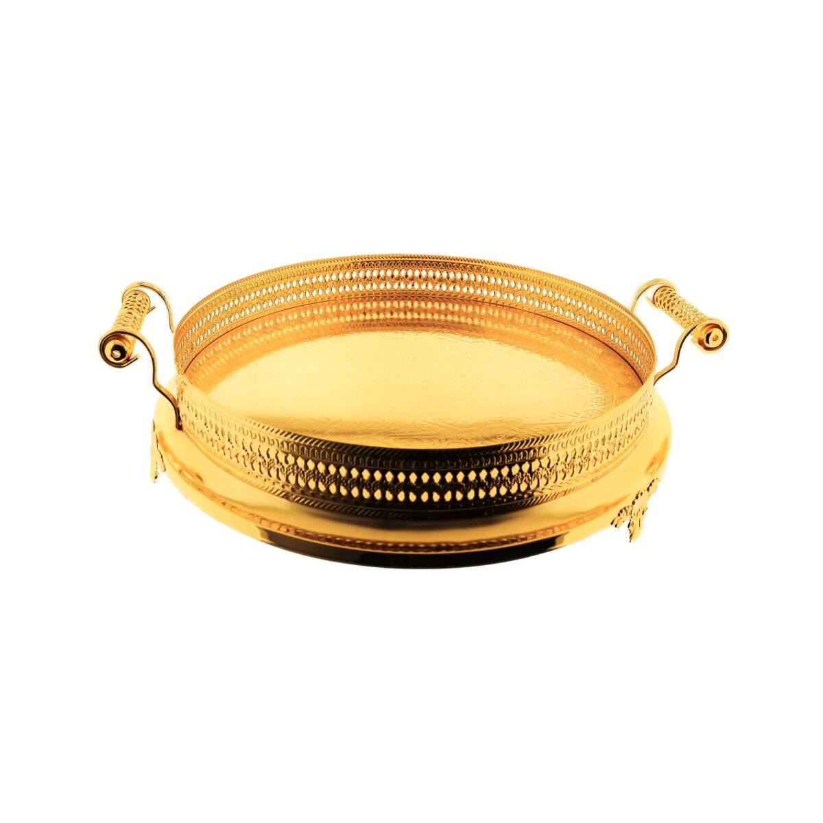 Serviertablett Silber 45 cm - Rund mit Griffen & Ornamentrand Gold