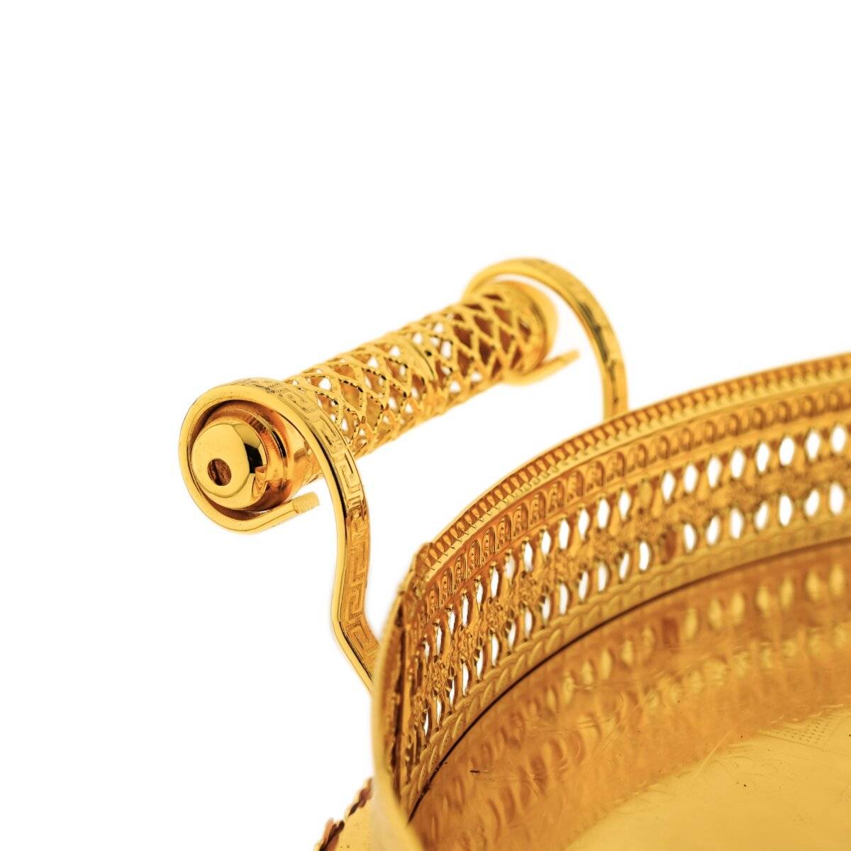 Serviertablett Silber 45 cm - Rund mit Griffen & Ornamentrand Gold